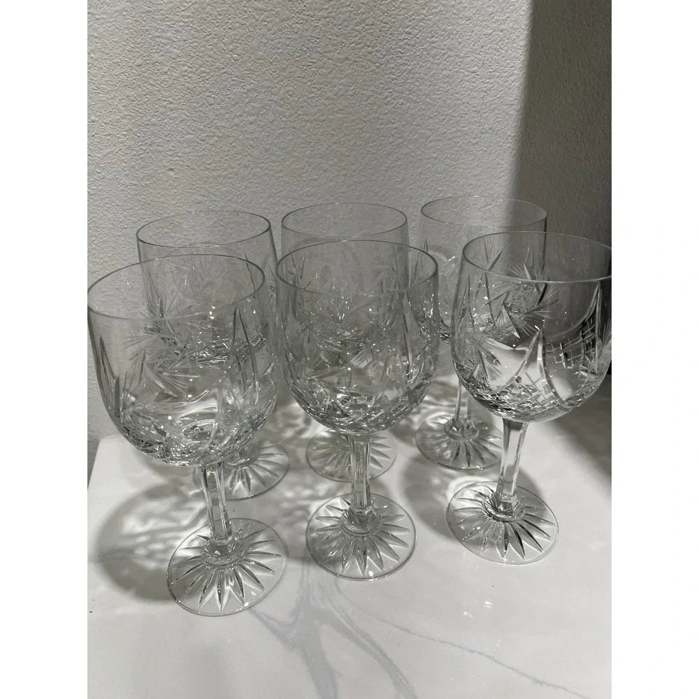 Wine Glass Crystal Classic Pinwheel Pattern Clear Hand Cut by American Cut 6pcs